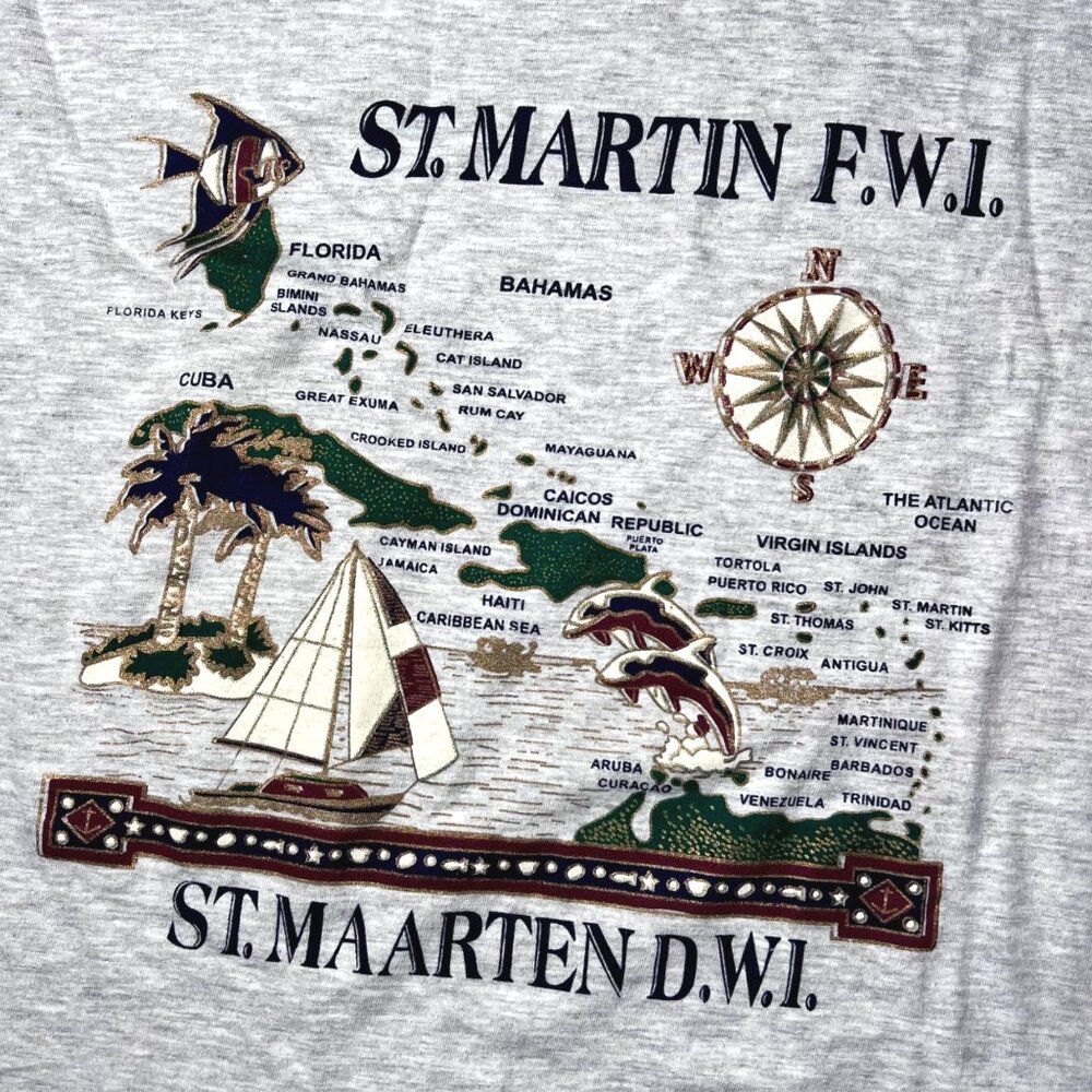 St Martin St Maarten Tank Top Map Graphic Gray Cotton Size Large - Picture 4 of 6